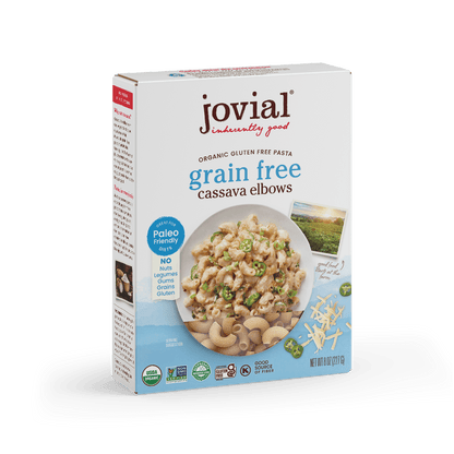 Jovial Grain-Free Cassava Elbows pasta in a bowl, showcasing golden, gluten-free cassava pasta with elbow-shaped noodles.