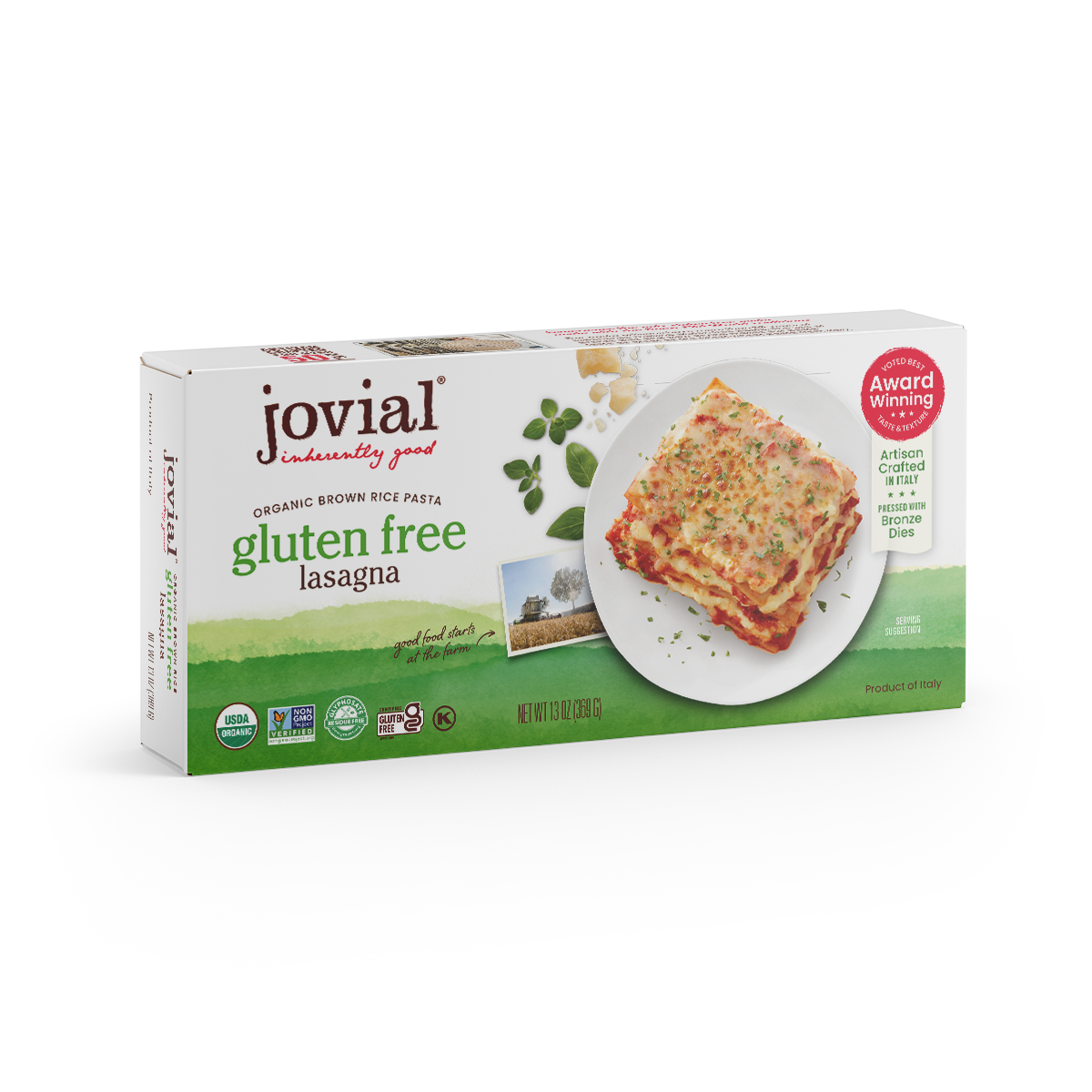 Jovial Gluten-Free Brown Rice Classic Lasagna in 13oz package, showing layered lasagna with brown rice pasta and tomato sauce