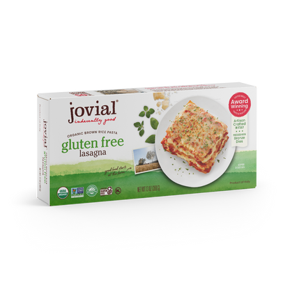 Jovial Gluten-Free Brown Rice Classic Lasagna in 13oz package, showing layered lasagna with brown rice pasta and tomato sauce