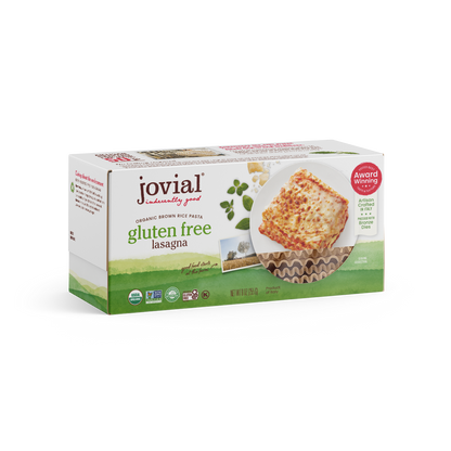 Jovial Gluten Free Brown Rice Lasagna 9oz package showing layers of lasagna noodles and rich sauce in a baking dish