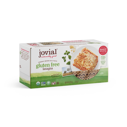 Jovial Gluten Free Brown Rice Lasagna 9oz package showing layers of lasagna noodles and rich sauce in a baking dish
