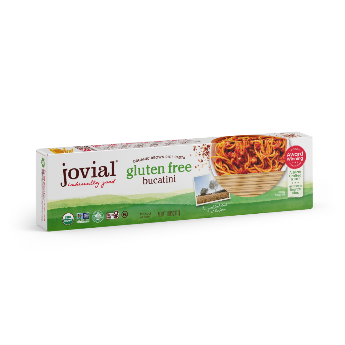 Jovial Gluten Free Brown Rice Bucatini pasta in a white bowl, showcasing the long, thin gluten-free brown rice pasta strands.
