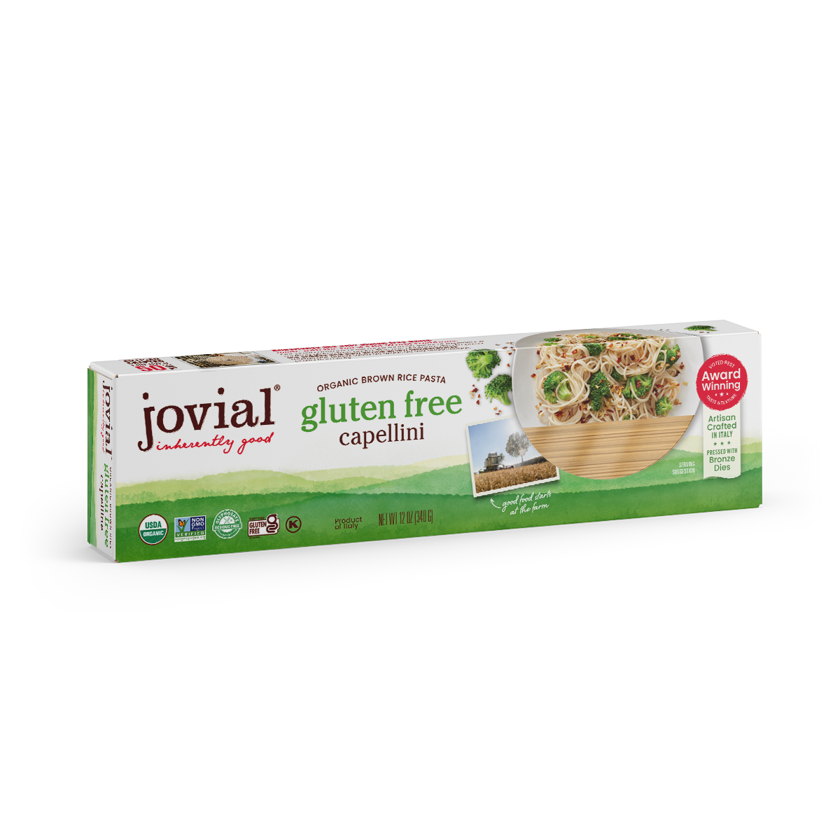 Jovial Gluten Free Brown Rice Capellini pasta in a clear bag, showing thin, light brown rice pasta strands ready for cooking.