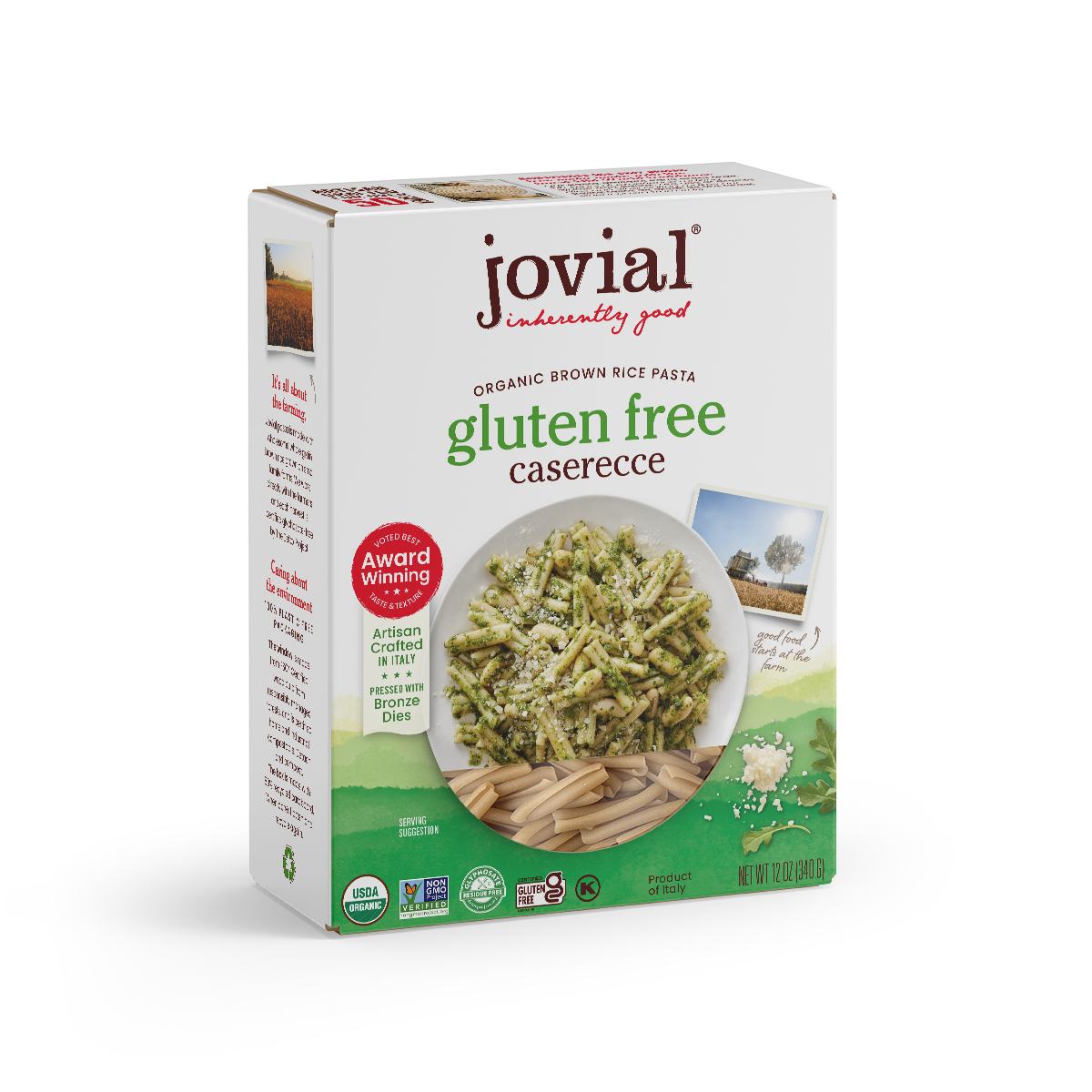 Jovial Gluten Free Brown Rice Caserecce pasta in a clear container, showcasing short, twisted pasta shapes made from brown rice