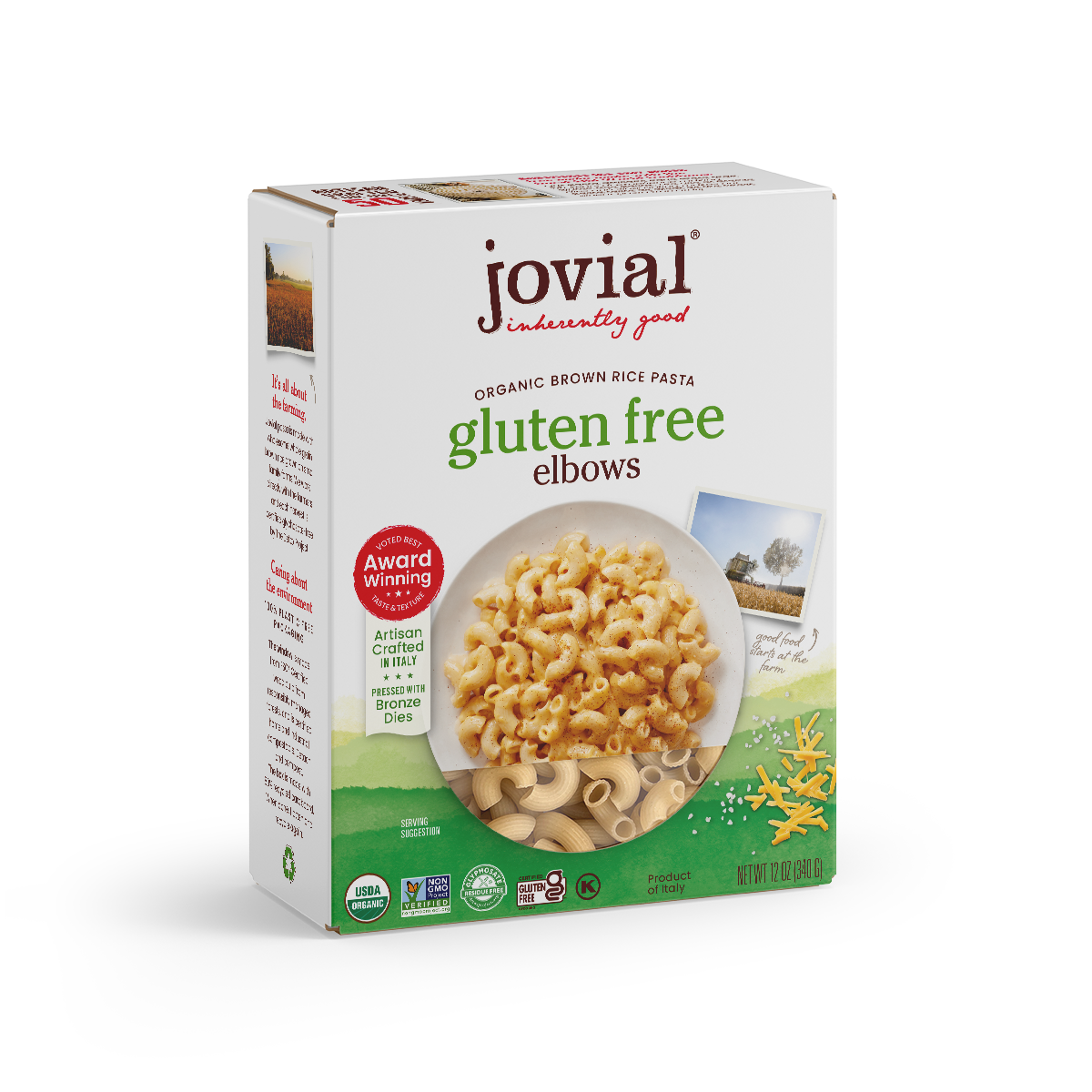Jovial Gluten-Free Brown Rice Elbows pasta in a bowl, showcasing the rustic brown rice pasta shape and texture.