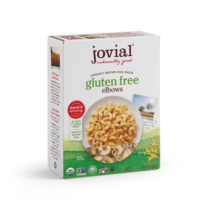 Jovial Gluten-Free Brown Rice Elbows pasta in a bowl, showcasing the rustic brown rice pasta shape and texture.
