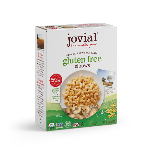 Jovial Gluten-Free Brown Rice Elbows pasta in a bowl, showcasing the rustic brown rice pasta shape and texture.