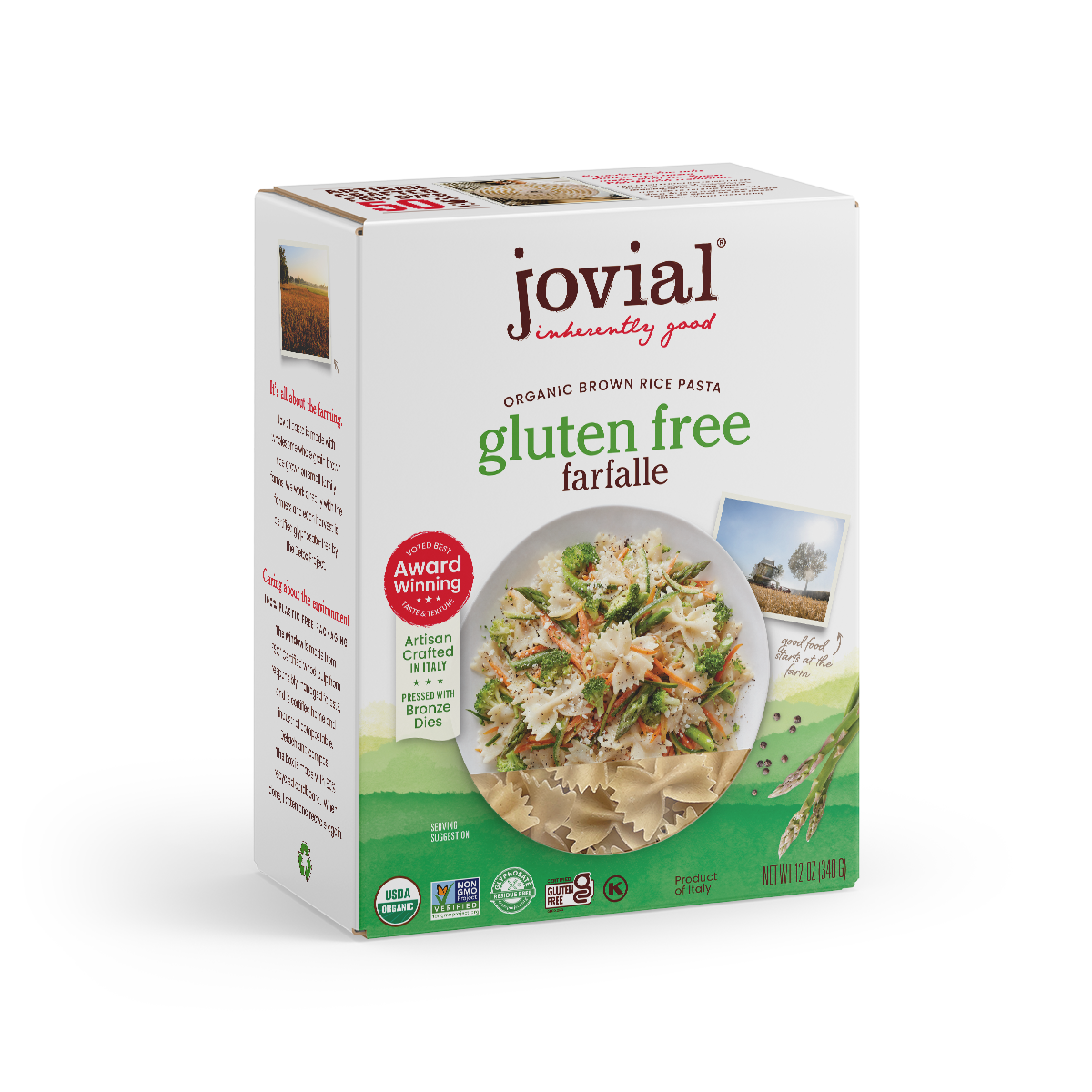 Jovial Gluten Free Brown Rice Farfalle pasta in a clear container, showing the bowtie-shaped brown rice pasta inside.