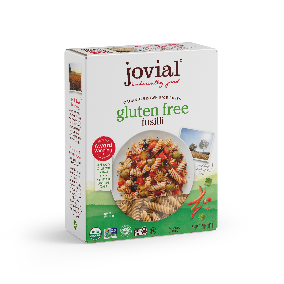 Jovial Gluten-Free Brown Rice Fusilli pasta in a clear jar, showing the spiral-shaped brown rice pasta inside.