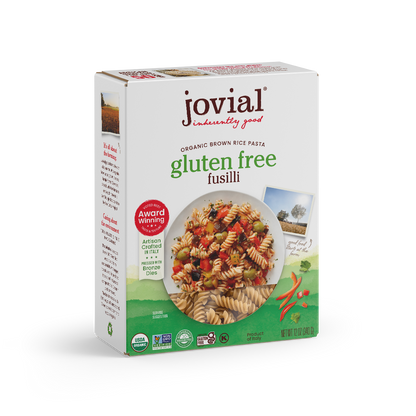 Jovial Gluten-Free Brown Rice Fusilli pasta in a clear jar, showing the spiral-shaped brown rice pasta inside.