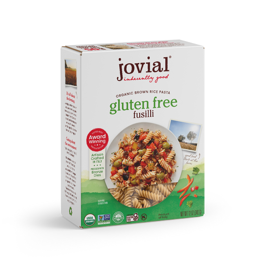 Jovial Gluten-Free Brown Rice Fusilli pasta in a clear jar, showing the spiral-shaped brown rice pasta inside.