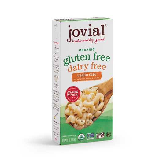 Jovial Gluten Free Vegan Mac cheese in a bowl, showing creamy vegan pasta with a cheese sauce on a white plate.