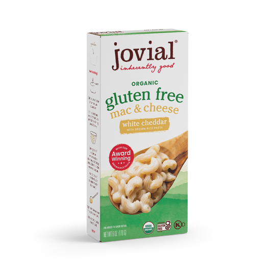 Jovial Gluten Free White Cheddar Mac & Cheese box with creamy pasta and cheddar cheese sauce, ready to serve.