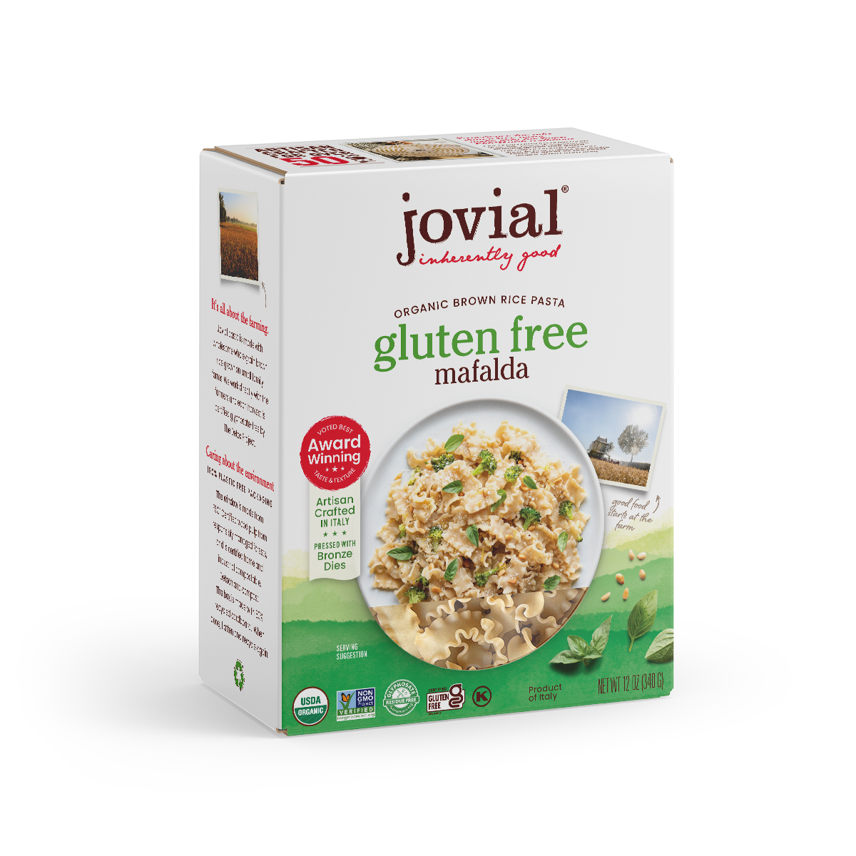 Jovial Gluten-Free Brown Rice Mafalda pasta in a clear bowl, showcasing the light brown, short, ridged pasta strands.