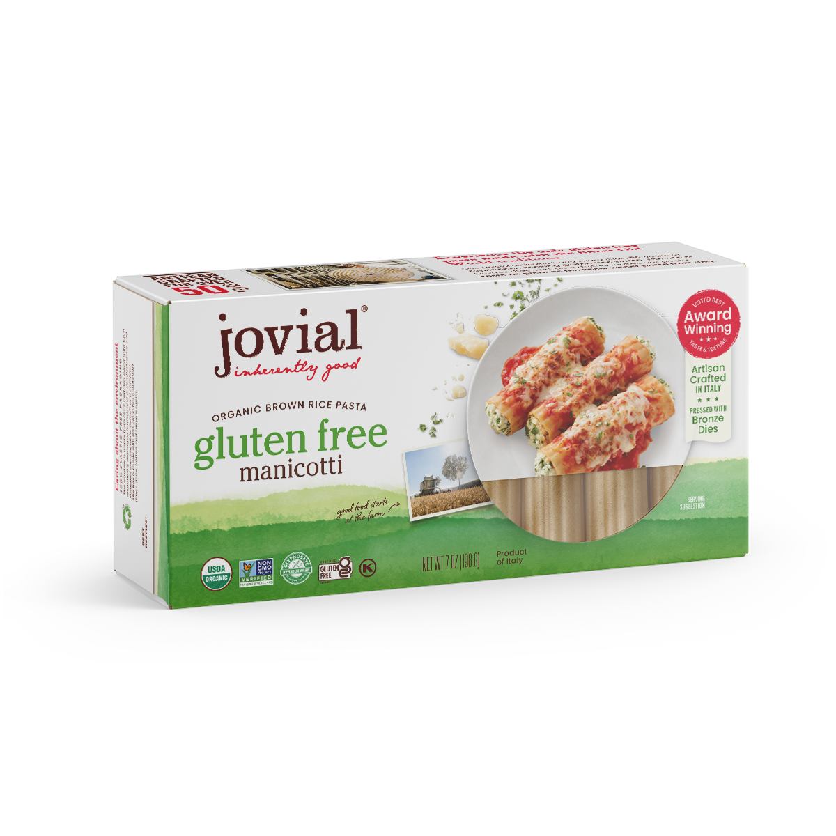Jovial Gluten Free Brown Rice Manicotti pasta in a clear container, ready for cooking, from Jovial Foods, Inc.