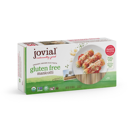 Jovial Gluten Free Brown Rice Manicotti pasta in a clear container, ready for cooking, from Jovial Foods, Inc.