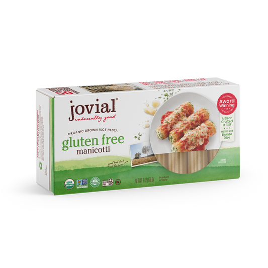 Jovial Gluten Free Brown Rice Manicotti pasta in a clear container, ready for cooking, from Jovial Foods, Inc.