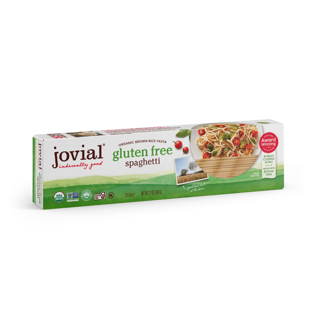 Jovial Gluten Free Brown Rice Spaghetti in a clear jar, showcasing the light brown pasta strands from Jovial Foods, Inc.