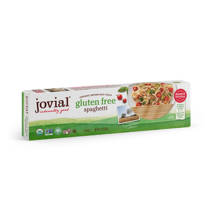 Jovial Gluten Free Brown Rice Spaghetti in a clear jar, showcasing the light brown pasta strands from Jovial Foods, Inc.
