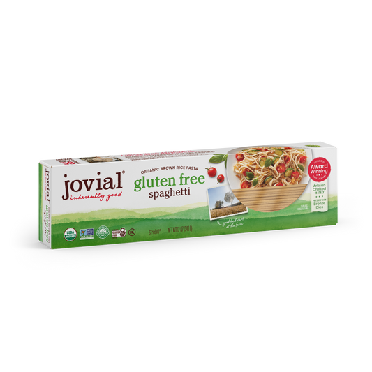 Jovial Gluten Free Brown Rice Spaghetti in a clear jar, showcasing the light brown pasta strands from Jovial Foods, Inc.