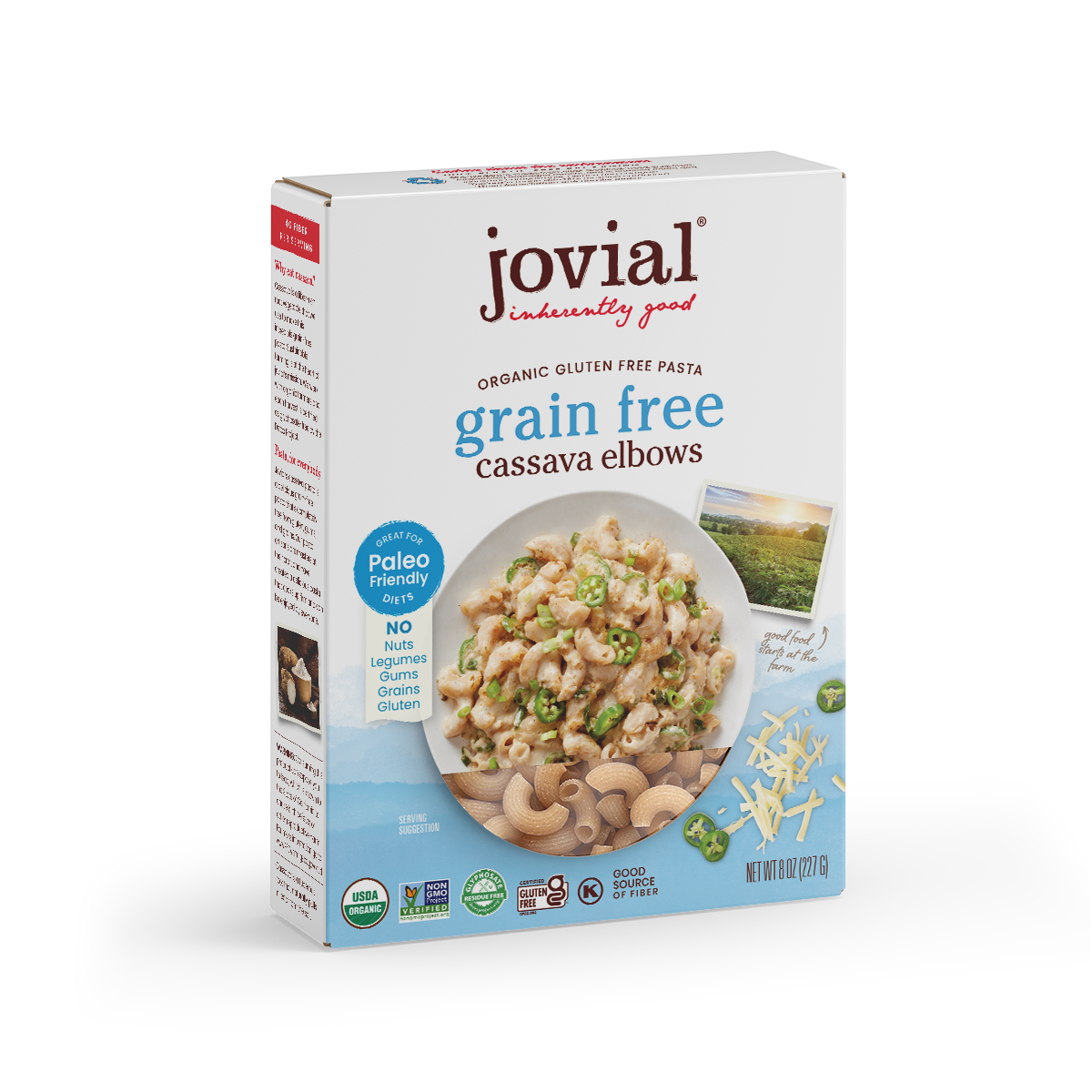 Jovial Grain-Free Cassava Elbows pasta in a silver silo, showing the uncooked, orange-tinted cassava pasta shape in a clear view.