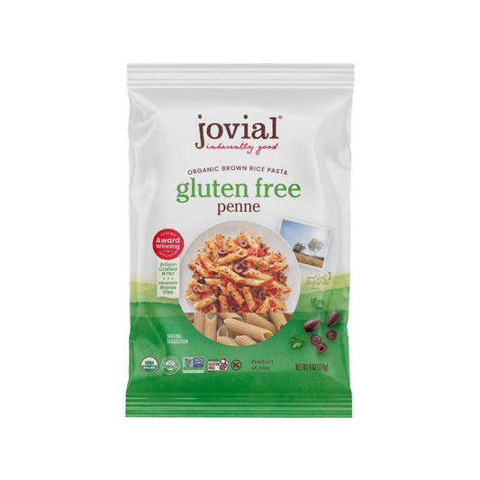 Single serving of Jovial Gluten-Free Brown Rice Penne pasta in a clear container, showing the short, tubular pasta shape.
