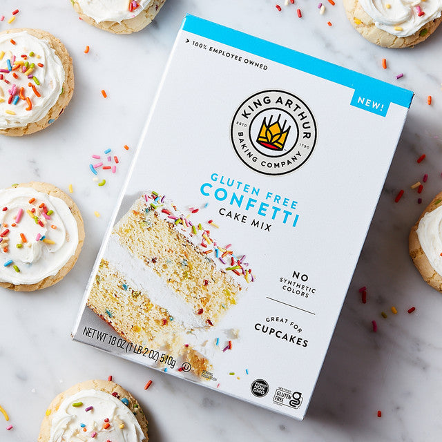 King Arthur Confetti Cake Mix in 18 oz package, featuring colorful sprinkles and cake batter ready for baking