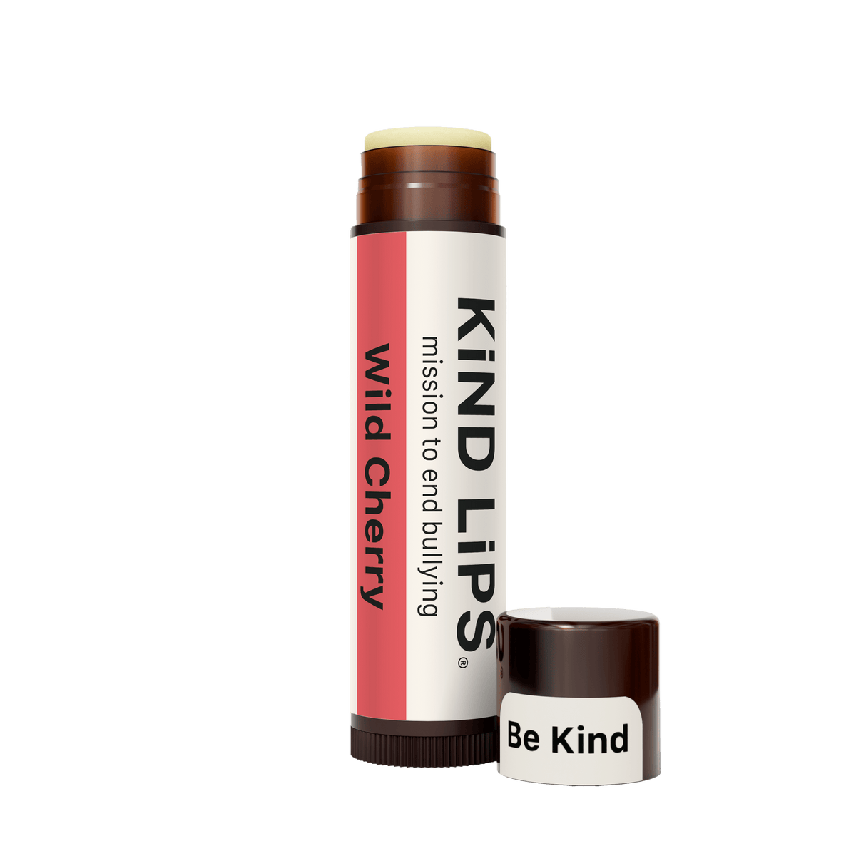 Kind Lips Wild Cherry organic lip balm tube with cherry flavor and natural ingredients, displayed on a neutral background.