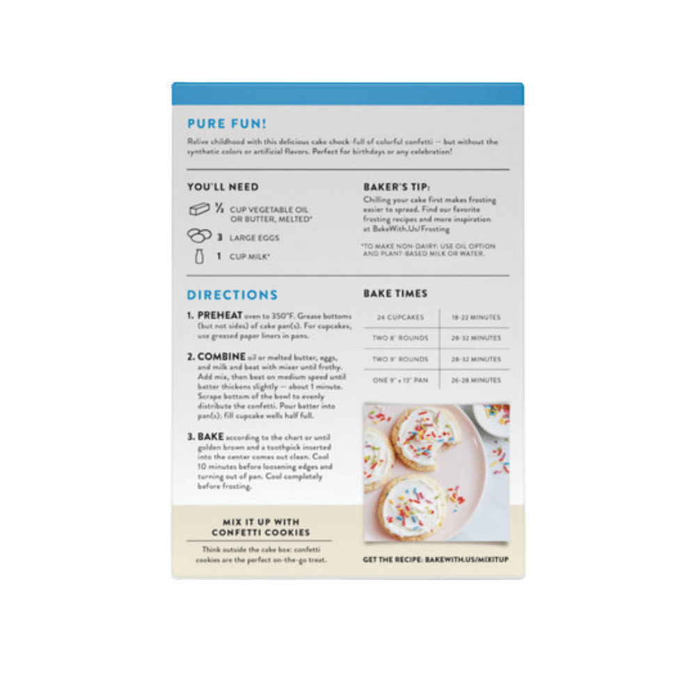 King Arthur Confetti Cake Mix box with colorful sprinkles, ready for baking a festive celebration cake.