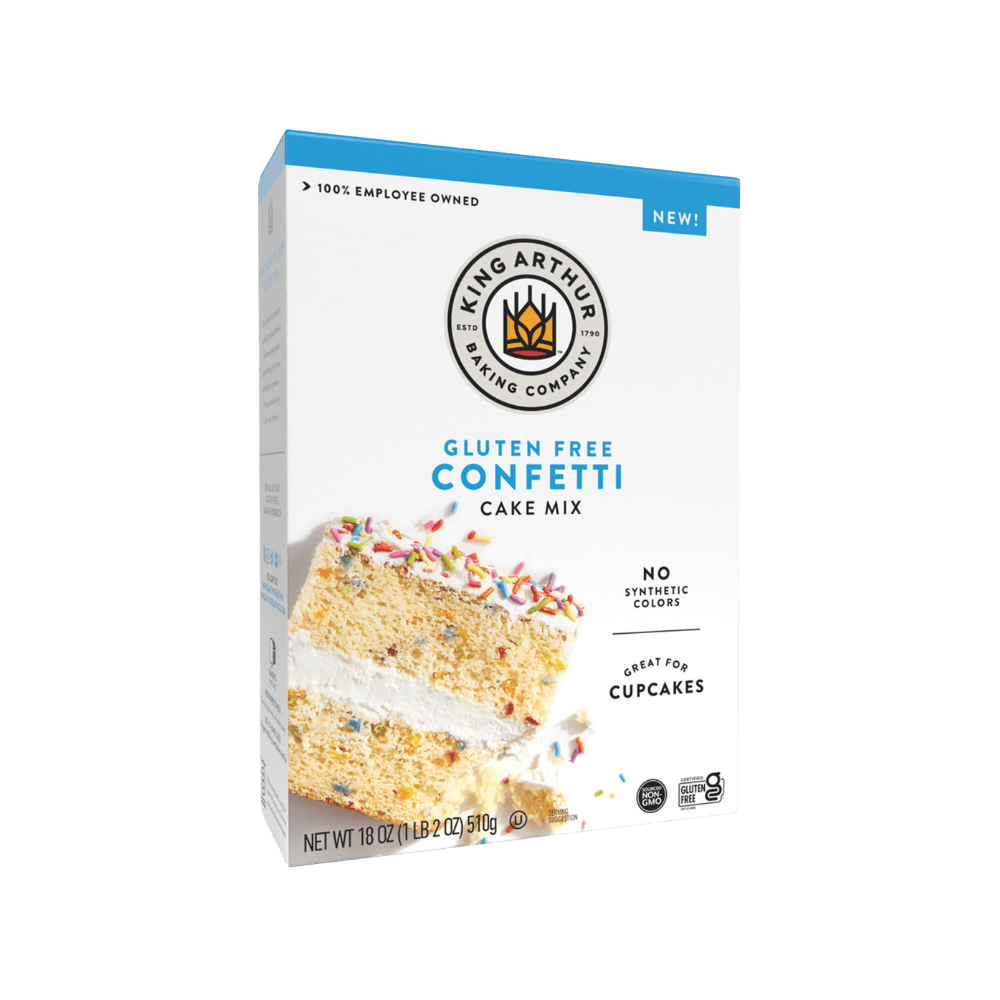 King Arthur Confetti Cake Mix box with colorful sprinkles and ingredients visible on the packaging.