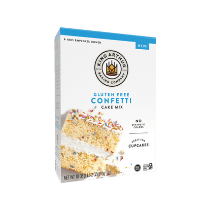 King Arthur Confetti Cake Mix box with colorful sprinkles and ingredients visible on the packaging.