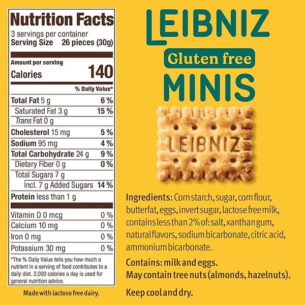 Back view of Love Me Gluten Free Leibniz Gluten Free Minis, showing the packaging and mini biscuit shape.
