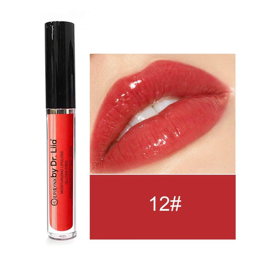 EpiLynx Hydrating Shine Lip Gloss in a clear tube showing shiny, moisturizing gloss on lips, highlighting vegan and gluten-free formula.