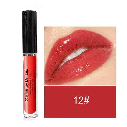 EpiLynx Hydrating Shine Lip Gloss in a clear tube showing shiny, moisturizing gloss on lips, highlighting vegan and gluten-free formula.