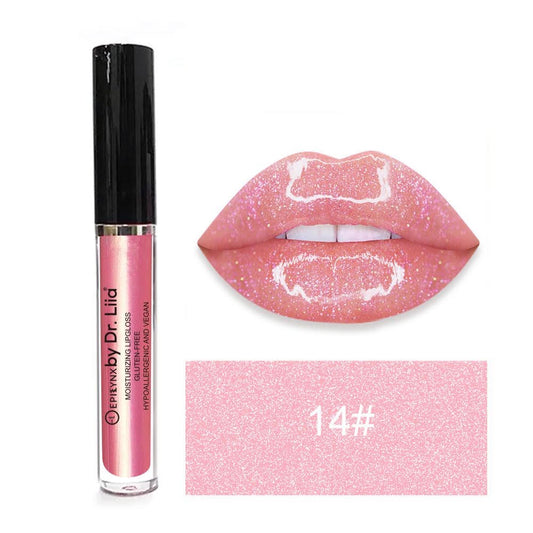 EpiLynx Hydrating Shine Lip Gloss in a clear tube with pink gloss, showcasing a glossy, moisturizing finish on lips.