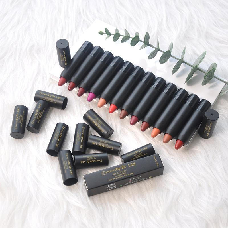 EpiLynx Perfect Lip Crayon showing smooth, hydrated lips with vibrant color from the vegan, gluten-free lipstick balm pencil.