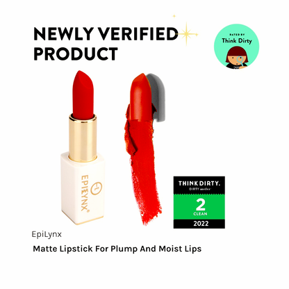 EpiLynx vegan matte lipstick in magnetic case, showcasing hydrating, long-wear formula with a sleek lipstick tube.