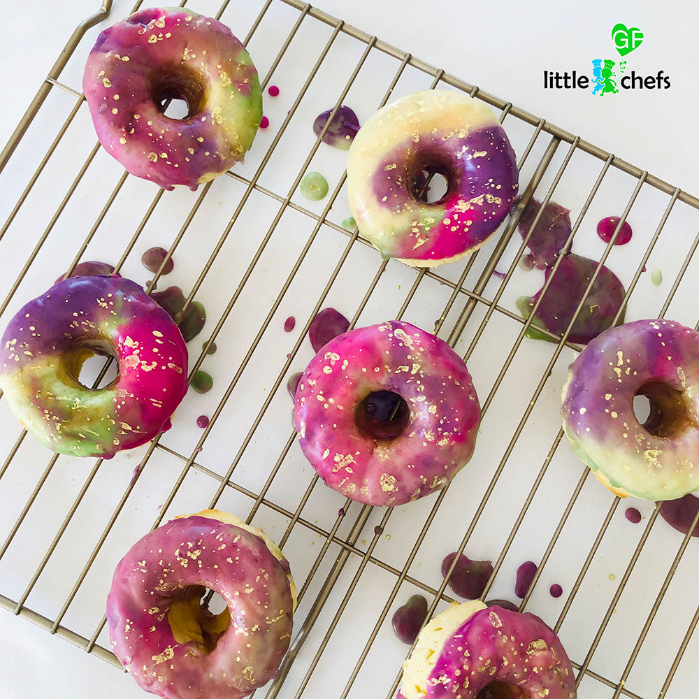 Little GF Chefs Unicorn Donuts Kit with colorful toppings and tools for making fun, gluten-free unicorn-shaped donuts.