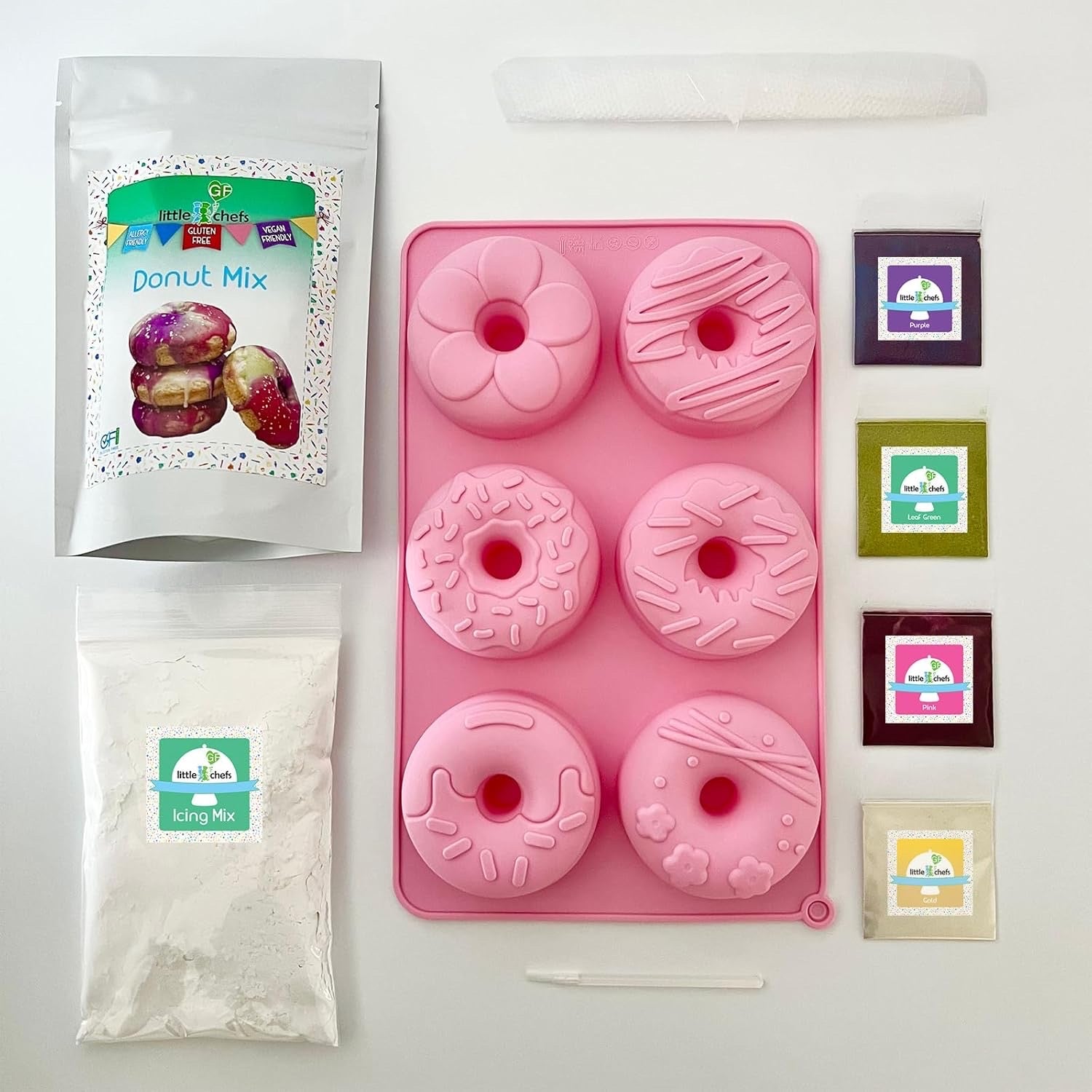 Little GF Chefs Unicorn Donuts Kit featuring colorful donut shapes, sprinkles, and tools for making fun unicorn-themed donuts.