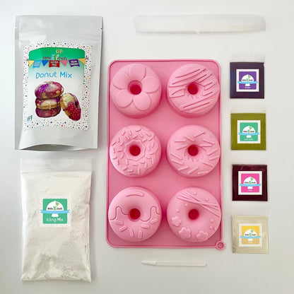 Little GF Chefs Unicorn Donuts Kit featuring colorful donut shapes, sprinkles, and tools for making fun unicorn-themed donuts.