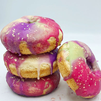 Little GF Chefs Unicorn Donuts Kit with colorful donut shapes, rainbow toppings, and baking tools for kids' fun baking activities.
