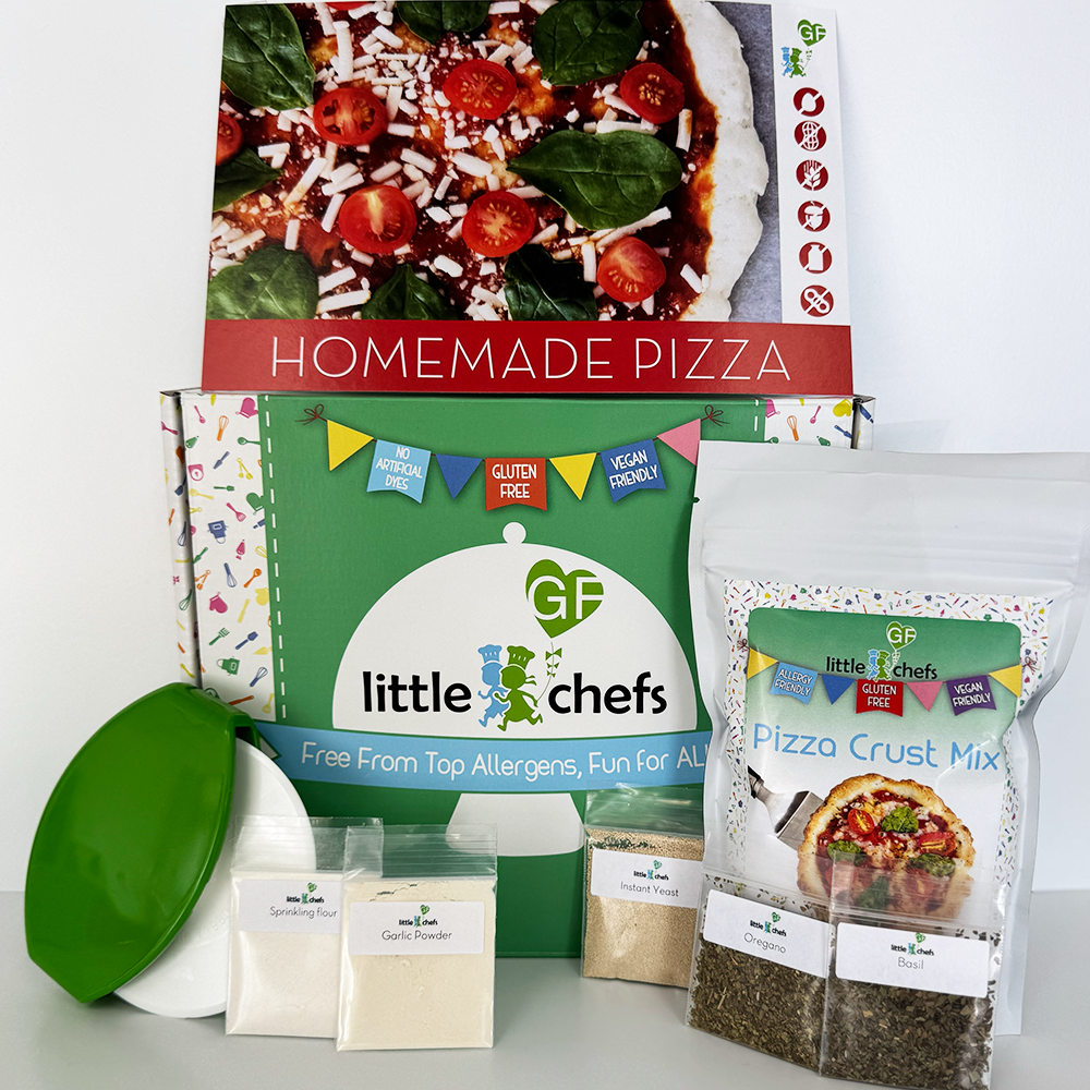 Little GF Chefs Pizza Party Kit featuring colorful pizza-themed utensils, ingredients, and accessories for kids' pizza-making fun.