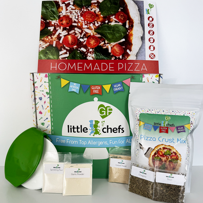 Little GF Chefs Pizza Party Kit featuring colorful pizza-themed utensils, ingredients, and accessories for kids' pizza-making fun.