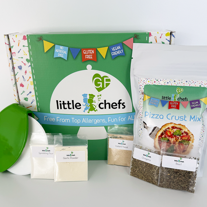 Little GF Chefs Pizza Party Kit with colorful pizza-shaped decorations and cooking tools for kids' fun cooking activity.