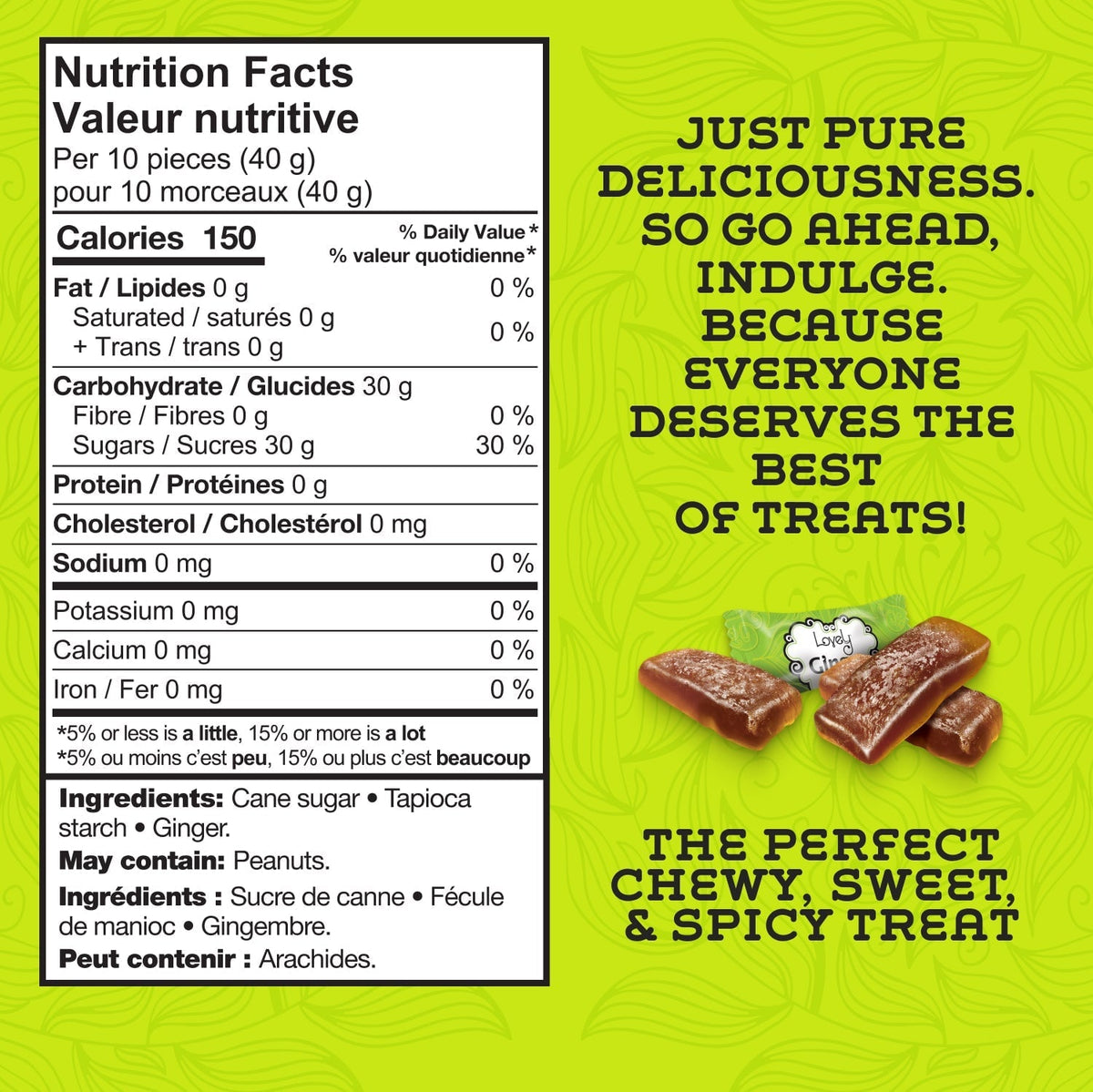 Sweet ginger chews from Lovely Candy Company, featuring chewy ginger pieces in a clear wrapper.