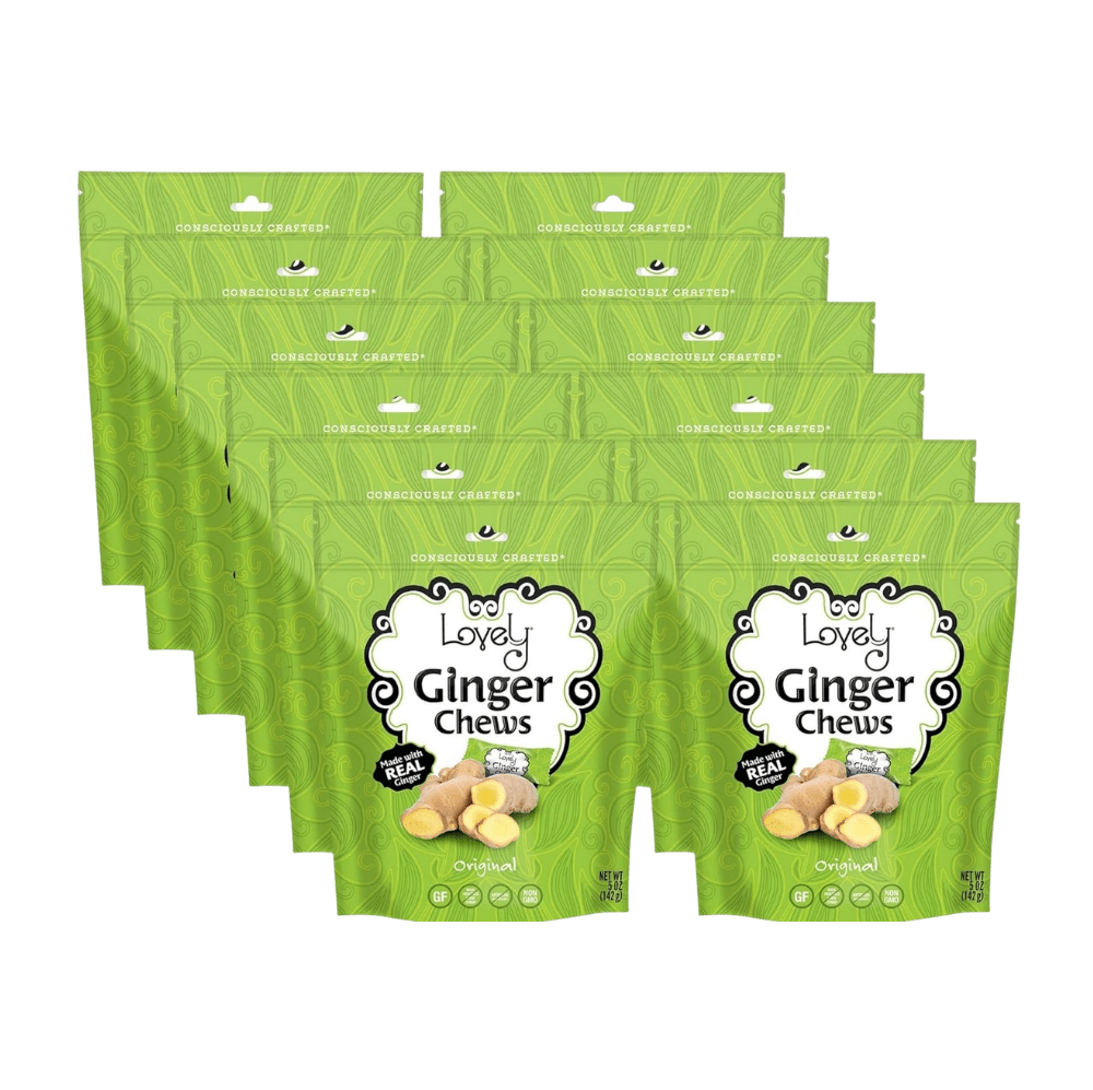 Close-up of Lovely Candy Company Ginger Chews showing the chewy, golden ginger candies in clear packaging.