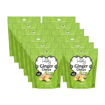 Close-up of Lovely Candy Company Ginger Chews showing the chewy, golden ginger candies in clear packaging.