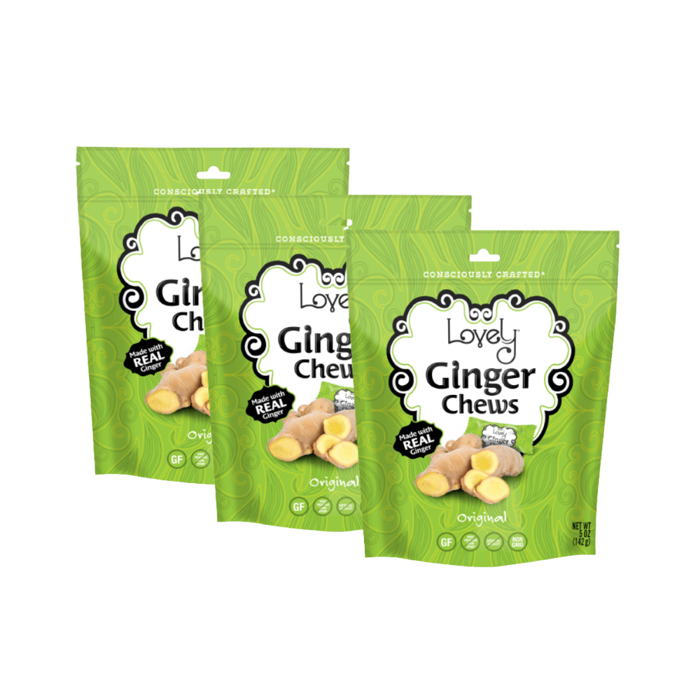 Three Lovely Candy Company Ginger Chews with soft, chewy texture and candied ginger pieces in clear packaging.