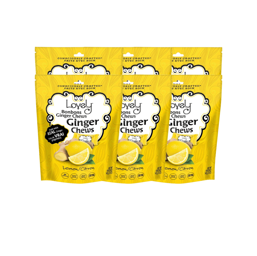 Lovely Candy Company lemon ginger chews, soft chewy candies with fresh lemon and ginger flavor, in colorful packaging.