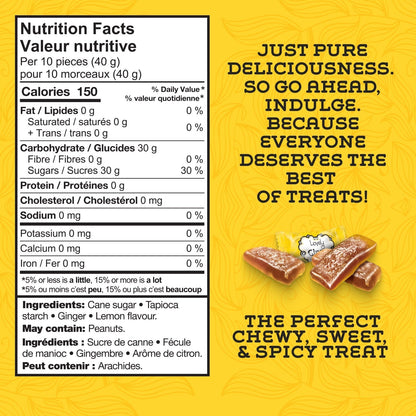 Lovely Candy Company Lemon Ginger Chews in a clear wrapper, showcasing the chewy ginger candies with lemon flavor.
